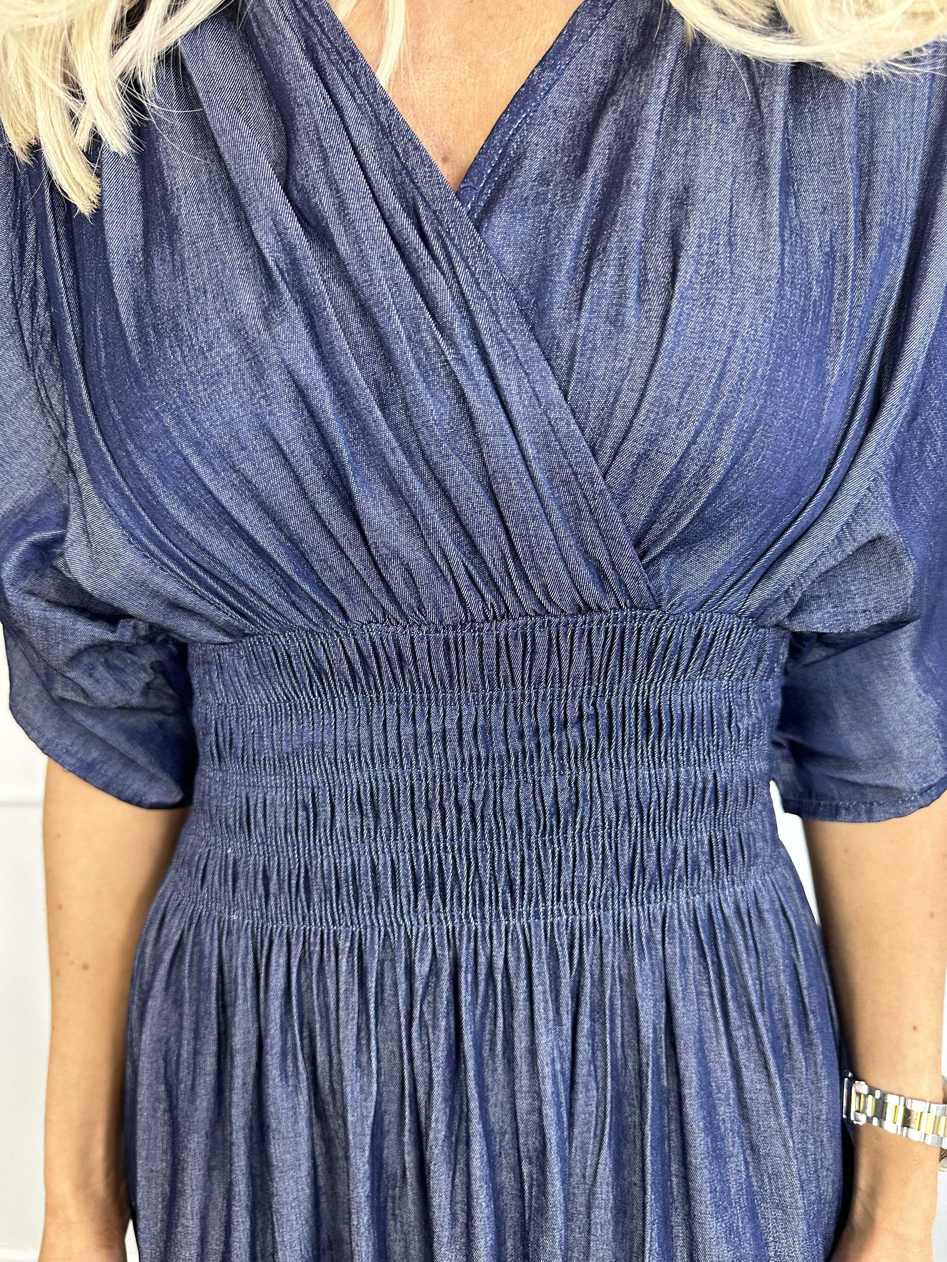 Pams Denim - Lang kjole med smock under brystet